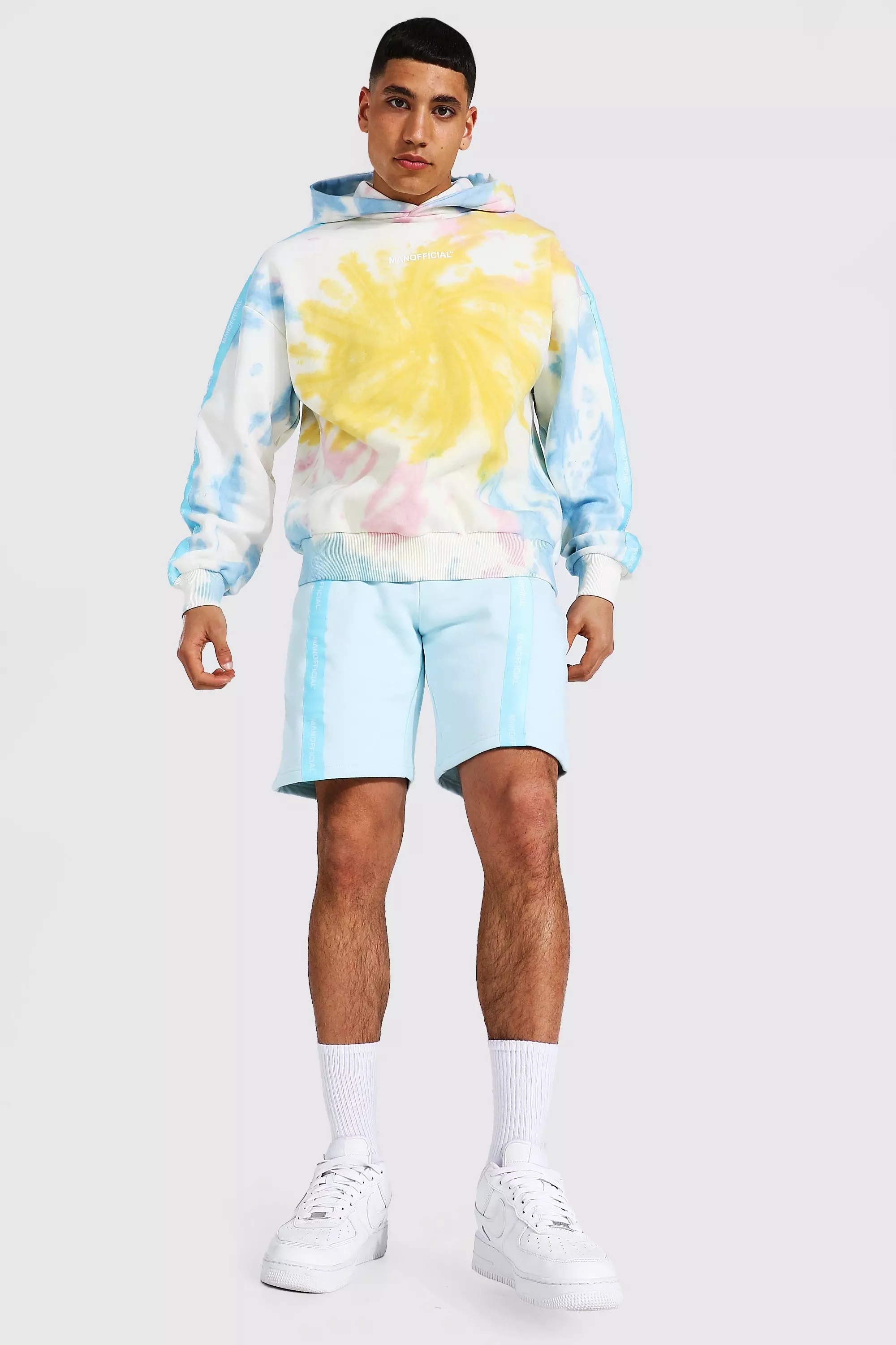 Oversized Man Tape Tie Dye Hoodie Short Set boohooMAN